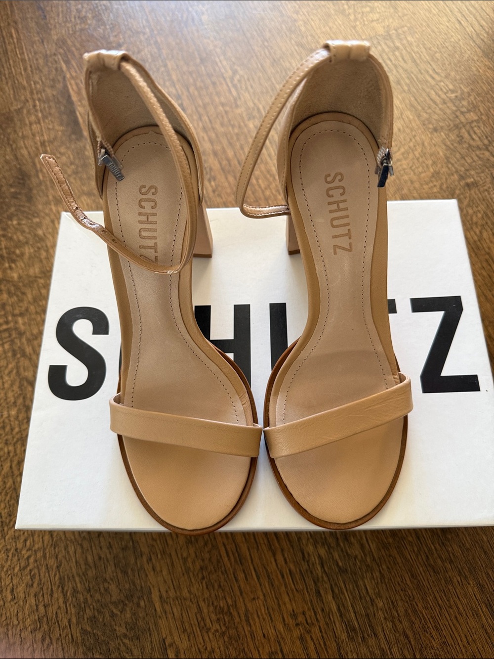 SCHUTZ Tan/Nude Leather Ankle-Strap Block Heel Sandals